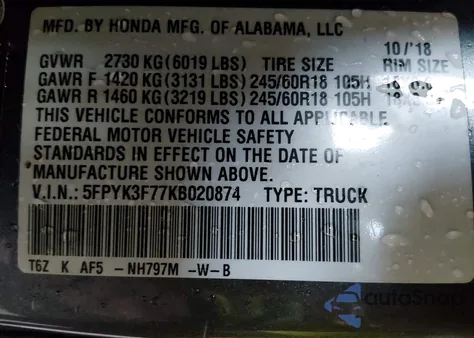 2019 Honda Ridgeline Rtl-E z USA, uszkodzony, nr VIN 5FPYK3F77KB020874